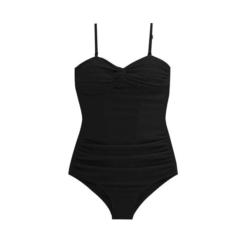 Women's black high-waisted one-piece swimsuit with removable shoulder straps on a mannequin.