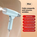 Blue and white handheld garment steamer unit with water tank and nozzle, shown for scale.