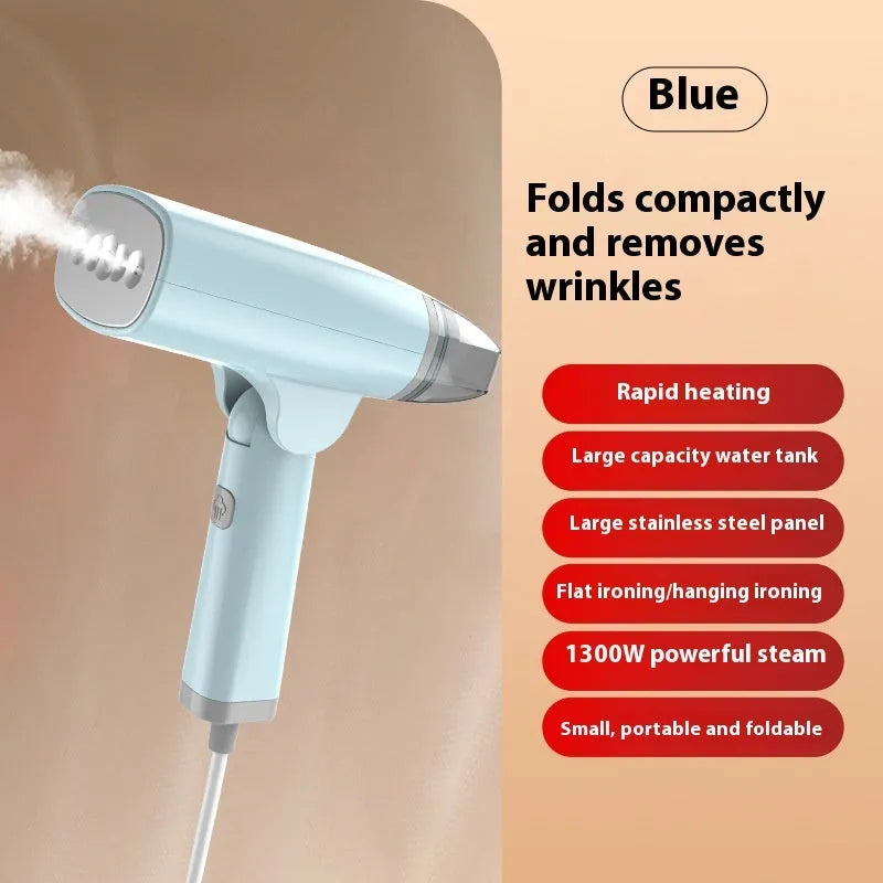 Blue and white handheld garment steamer unit with water tank and nozzle, shown for scale.