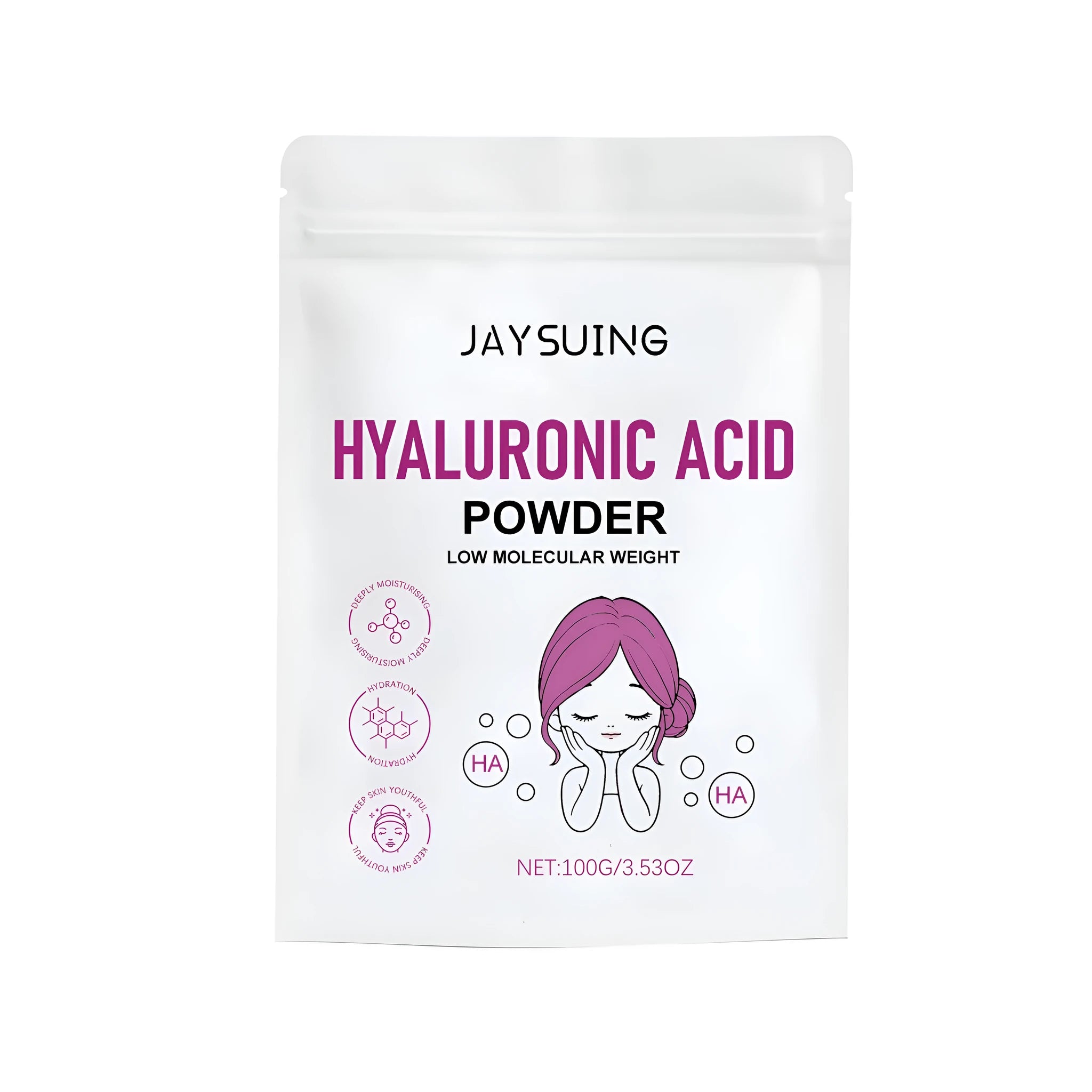 Container of 100g hyaluronic acid powder for DIY skincare formulation.