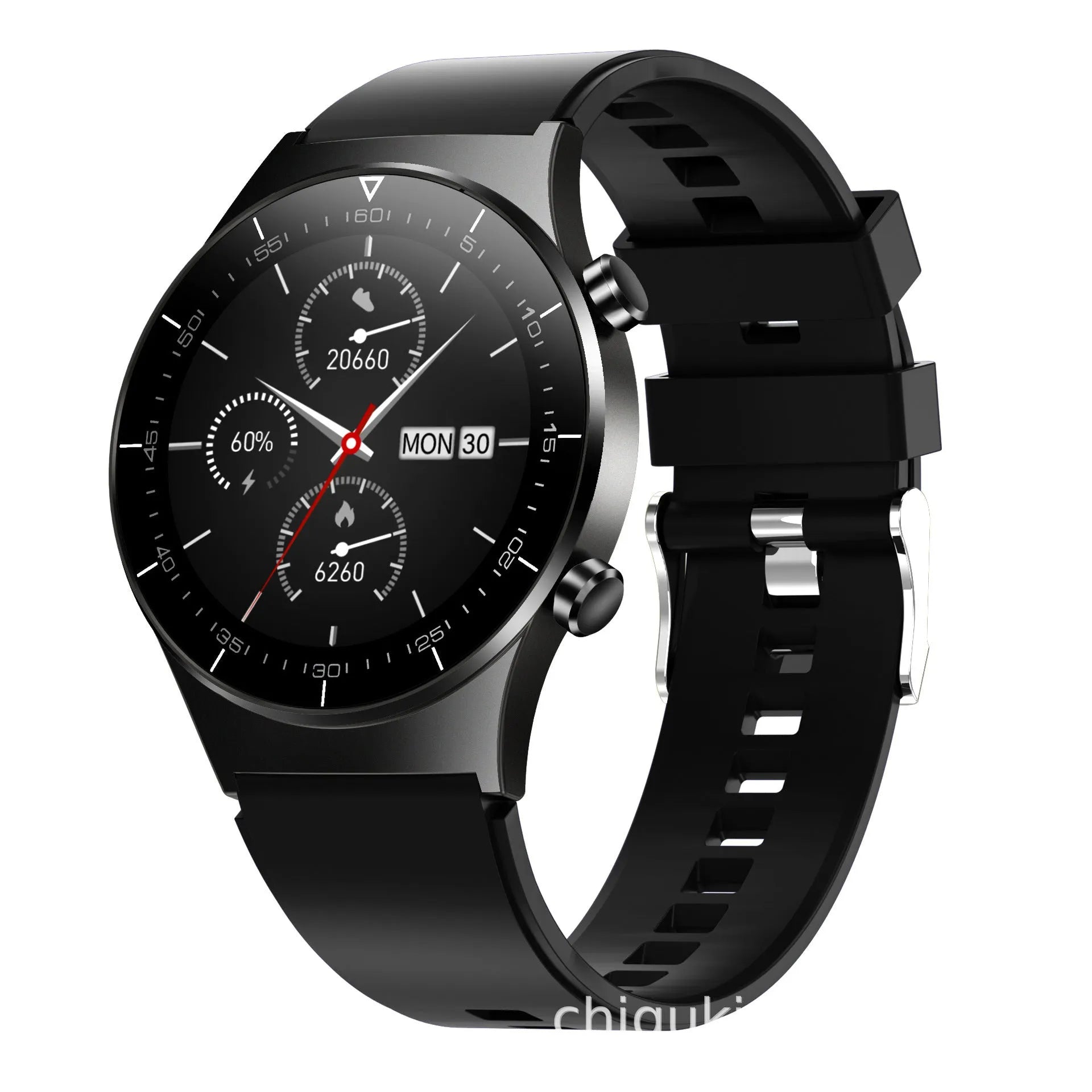 Black smart watch with TPU sports bracelet showing heart rate monitoring on 1.28-inch glass screen
