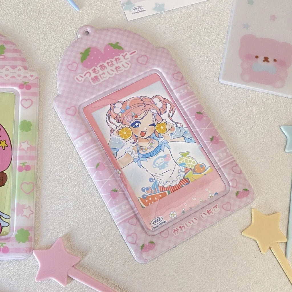 Cartoon PVC meal card holder in strawberry or four-leaf clover design measuring 7.6 by 13.6 cm