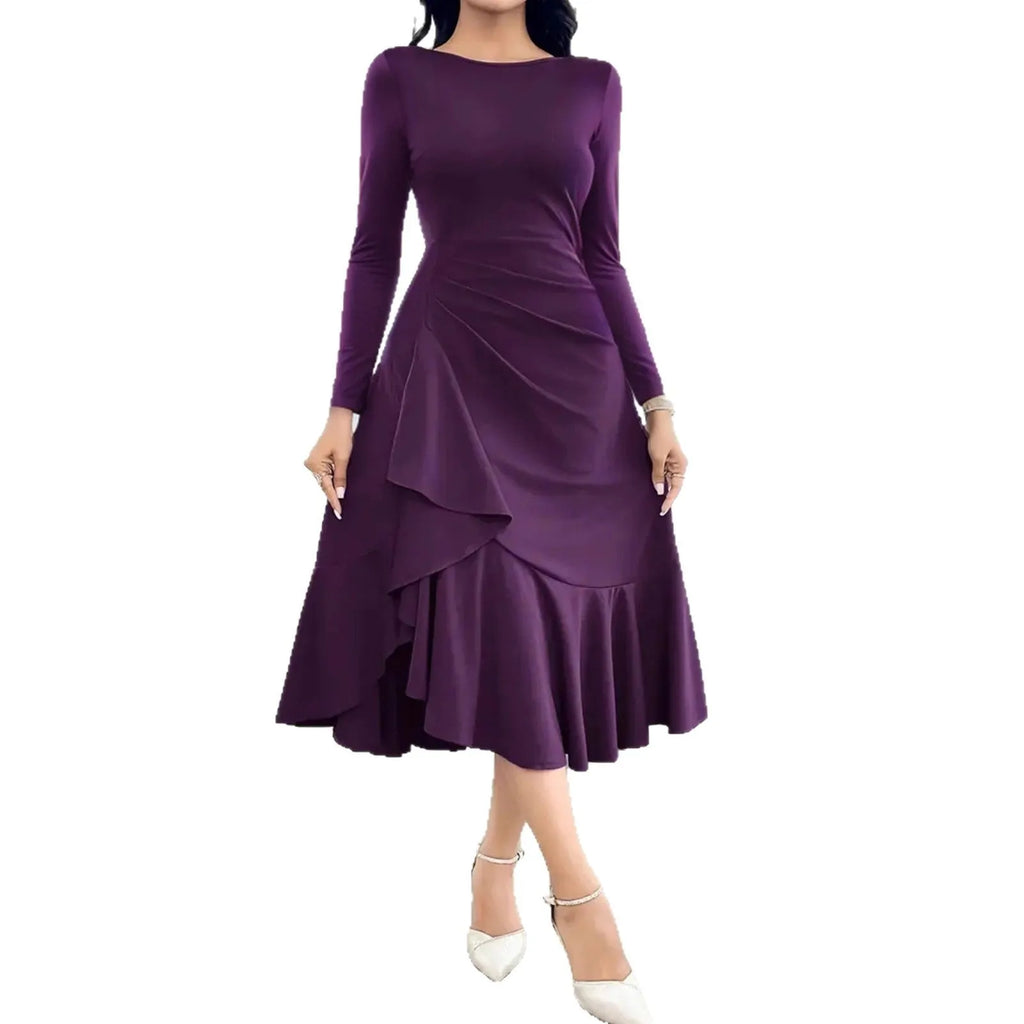 Purple women's long sleeve pullover dress with ruffles and round neck