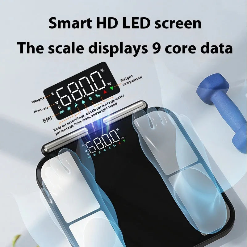 Black digital body composition scale with tempered glass platform and colour touchscreen display