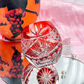 Crystal glass cup with carved pattern, cylindrical shape, 96x65mm, in red and violet colours
