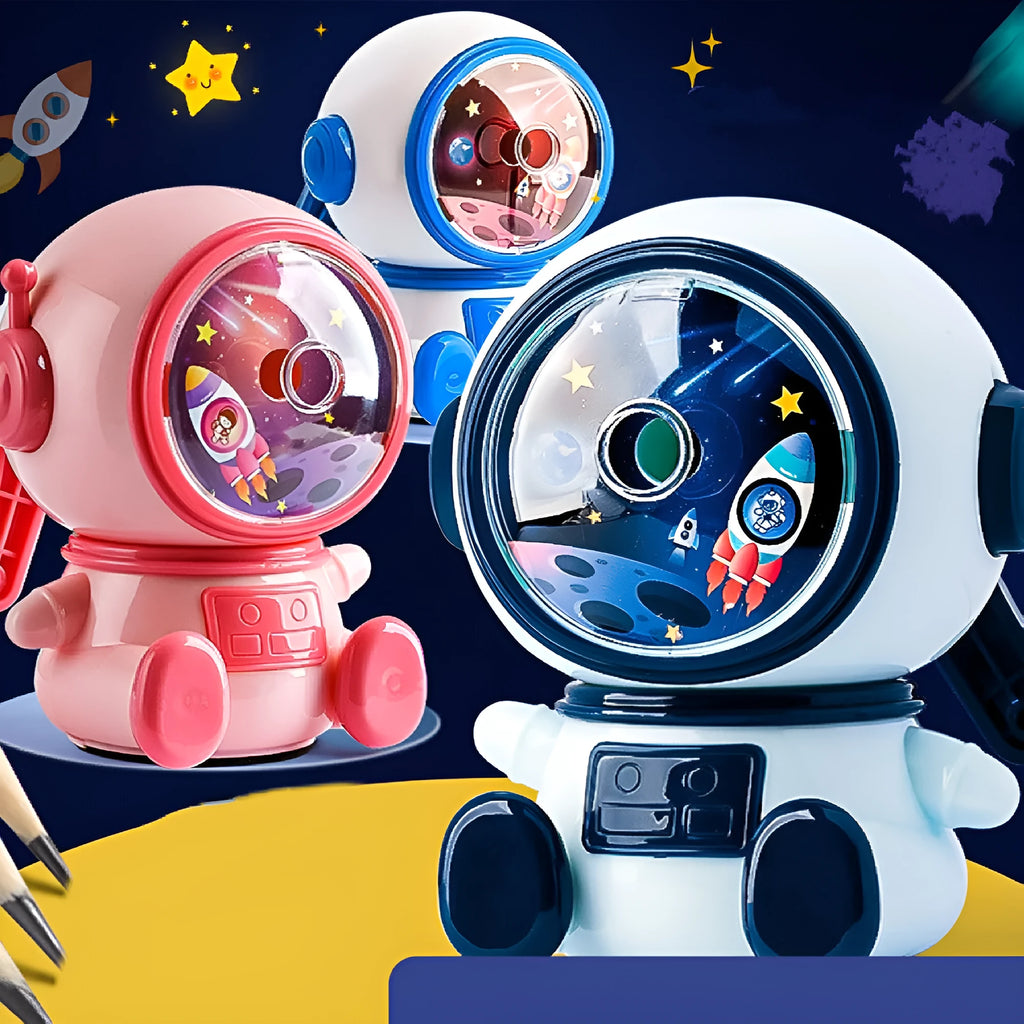 Blue astronaut-themed manual pencil sharpener with adjustable dial showing three sharpening levels