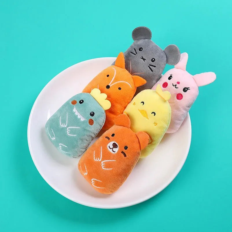 Small plush cat toy with catnip filling for chewing and teeth grinding, shown in assorted colours.