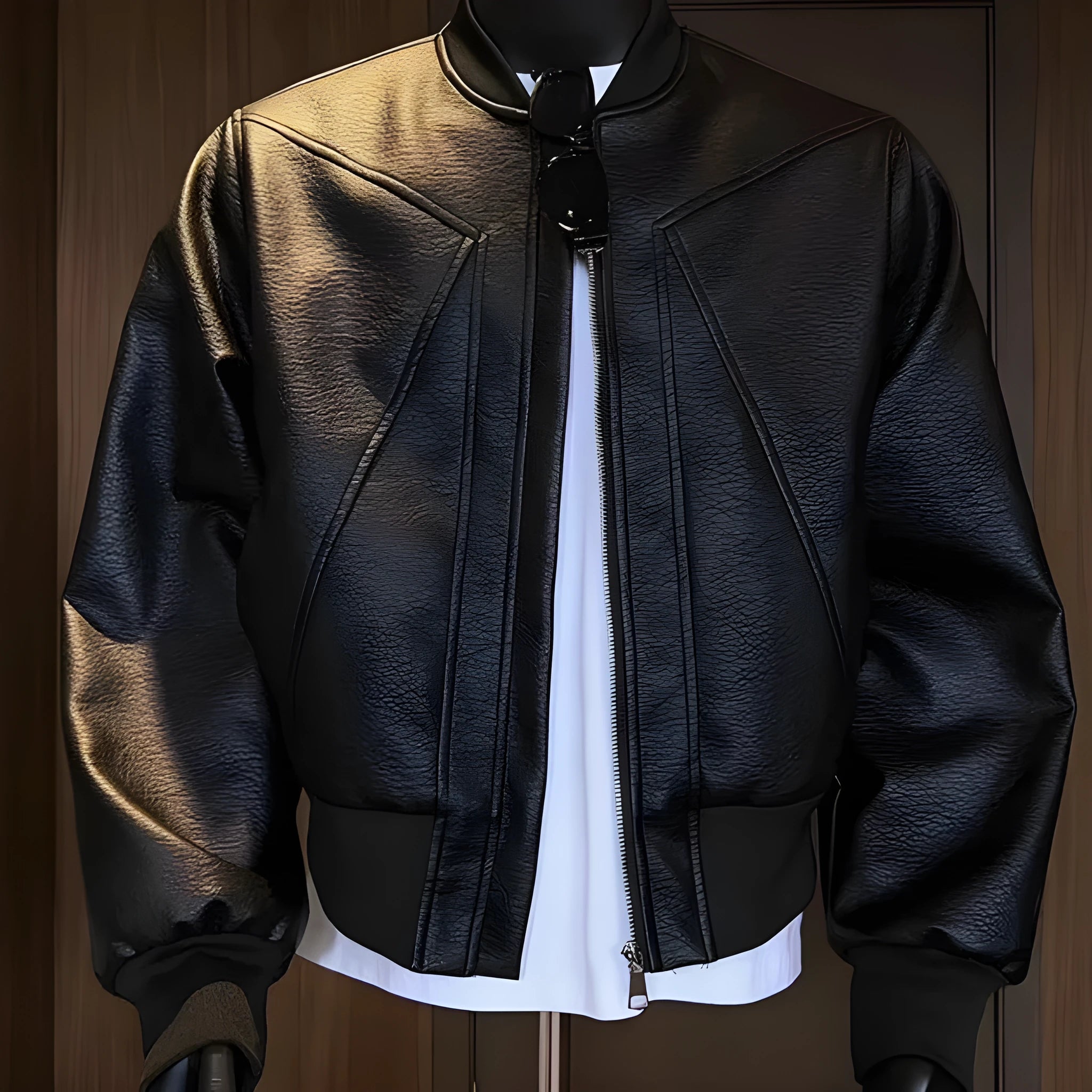 Men's black PU leather jacket with extended 100cm length in tight-fit light business style