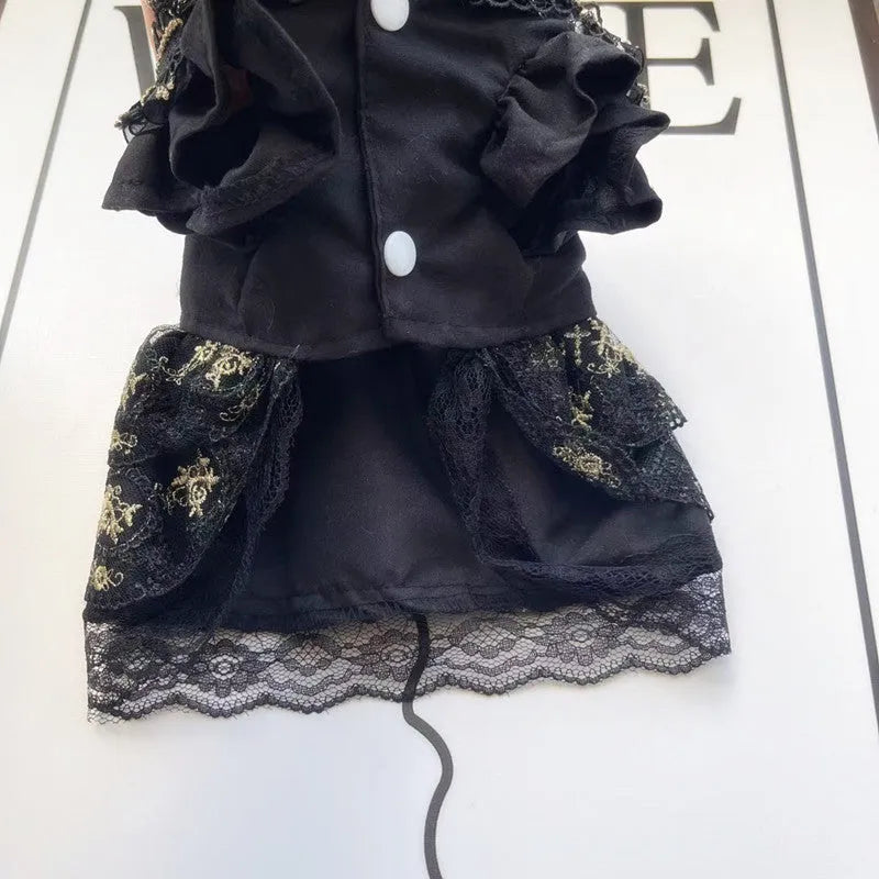 Golden gothic princess skirt dress for a small dog or cat on a mannequin.