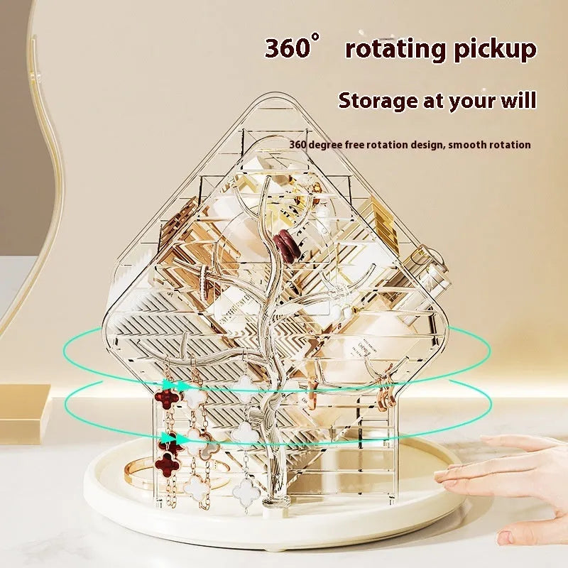 Rotating clear plastic cosmetics storage box on a counter, showing 360-degree spin function.