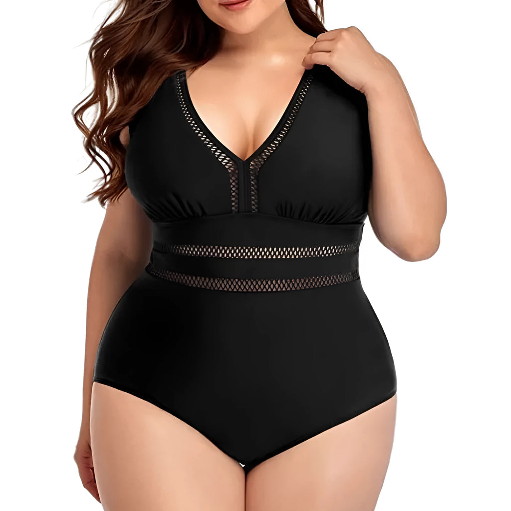 Black plus size women's swimsuit bikini with printed design and sleeveless cut