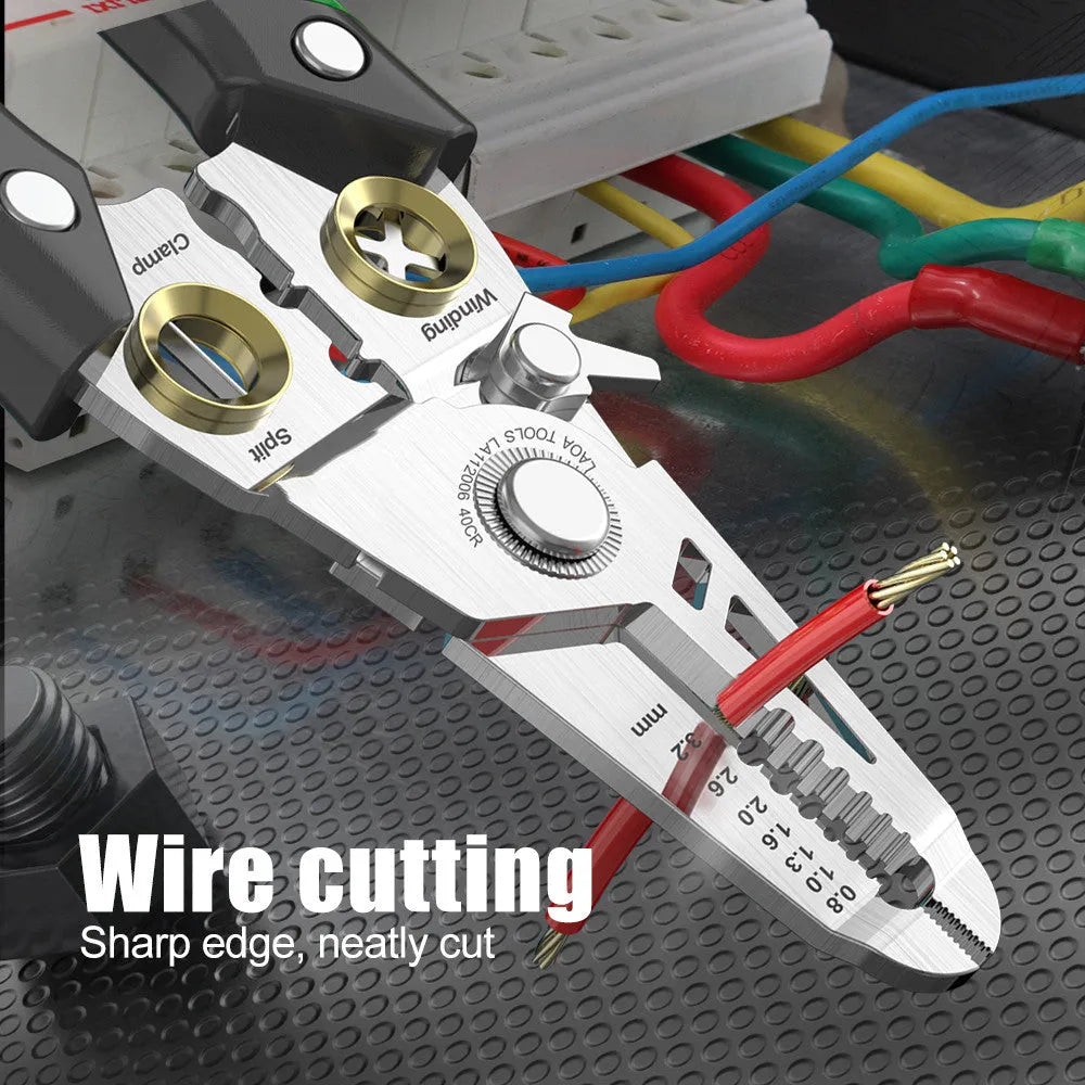 Stainless steel wire stripper tool with two-colour handle and seven labelled stripping apertures