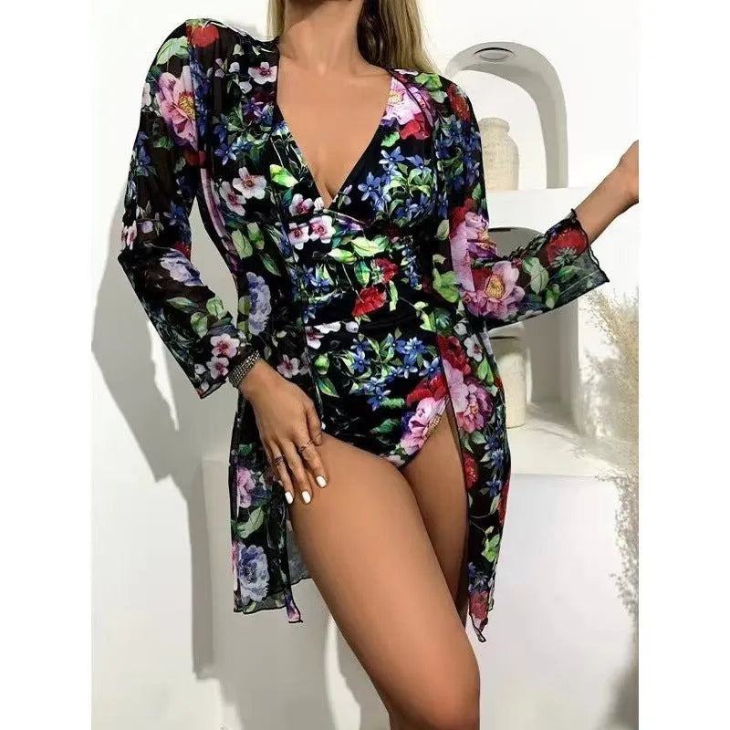 Women's floral bikini three-piece suit with matching coat in seven colour options