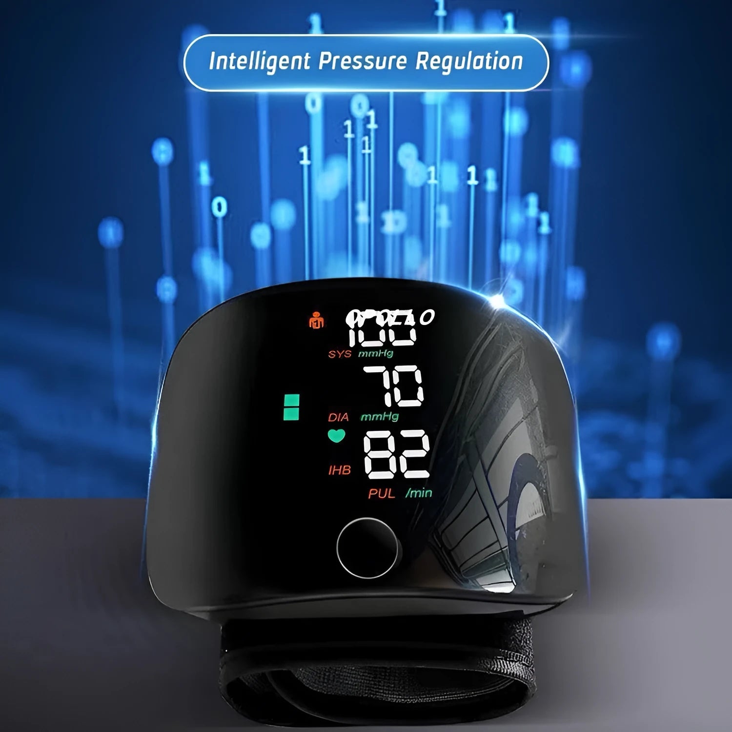 Black wrist blood pressure monitor with digital display and USB charging port.