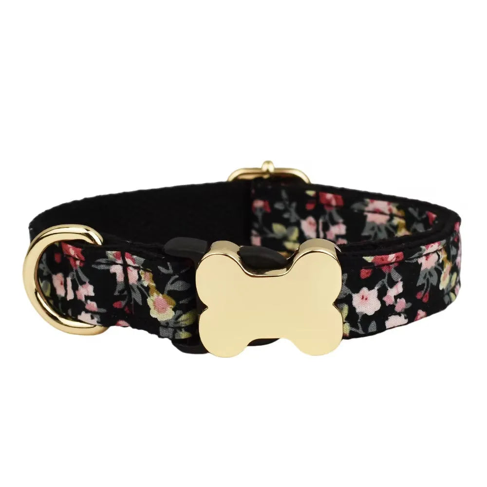 Flat fabric printed grid nylon dog collar with bone buckle in multiple colour options