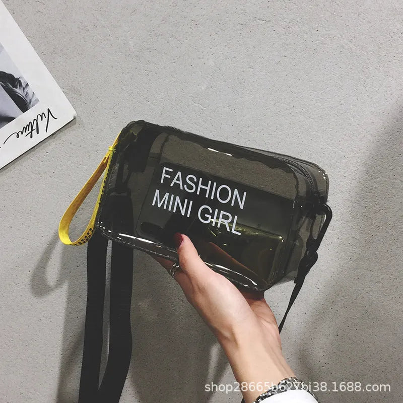 Transparent square jelly shoulder bag with single diagonal cross strap in various colour options