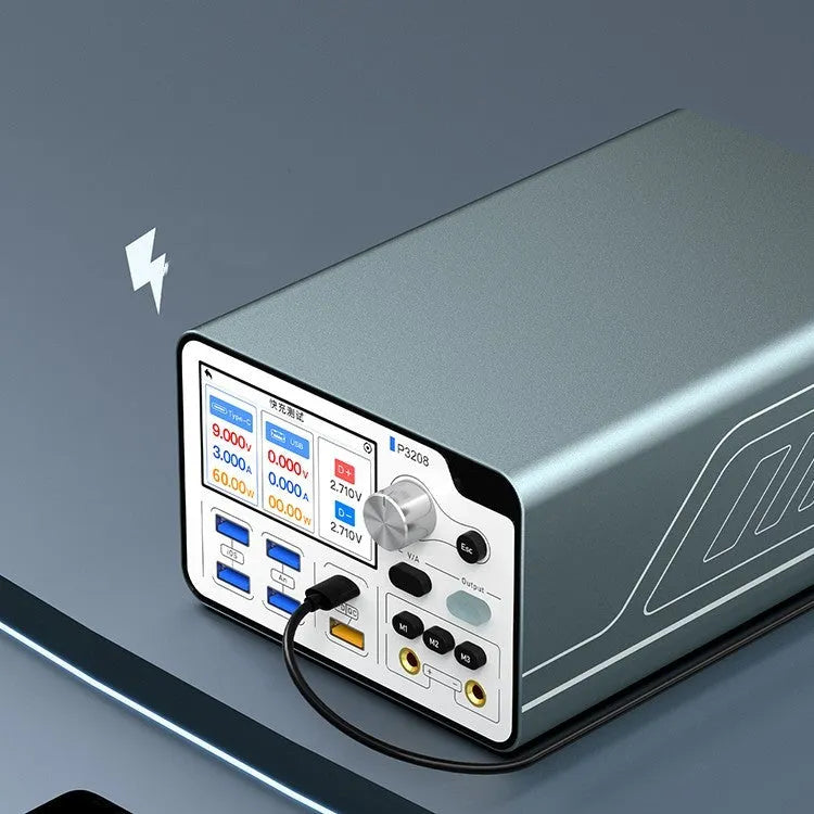 P3208 smart regulated 320W power supply and meter with 3.0-inch display on a workbench.