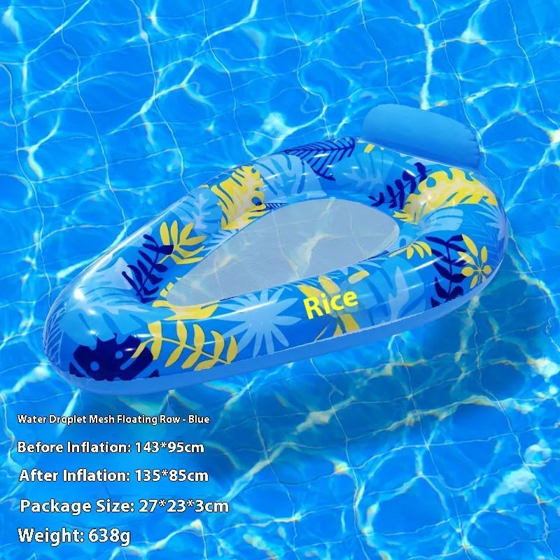 PVC inflatable floating row pool lounge in gradient sequin blue-purple wave design with canopy