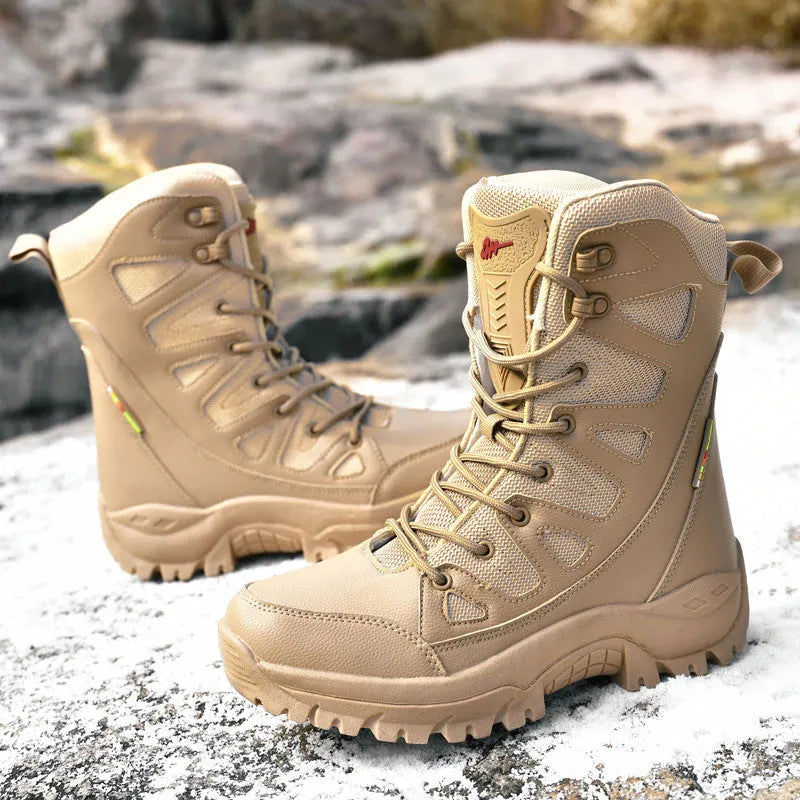 Men's beige cowhide leather hi-top hiking shoes with a platform sole, on a neutral background.