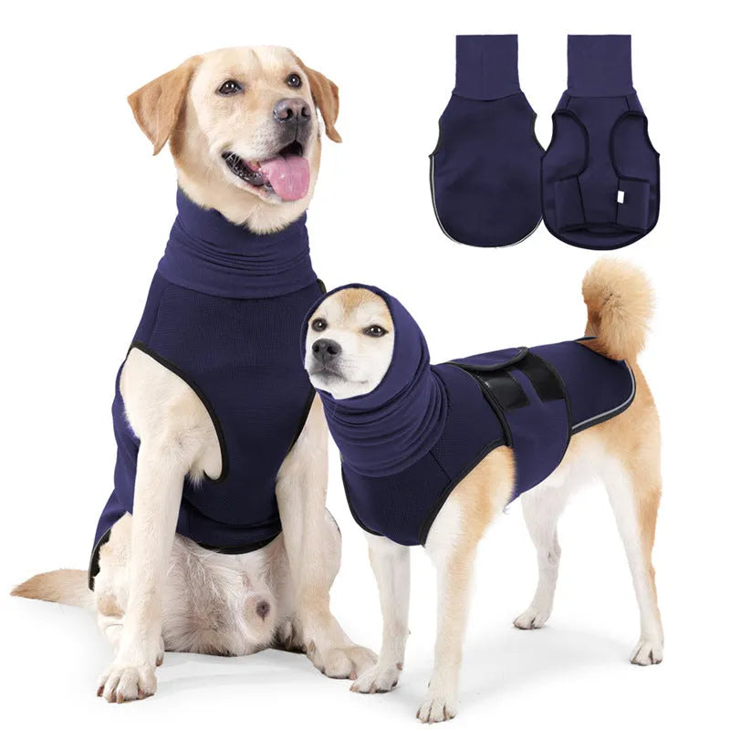 Army green polyester dog anti-anxiety calming jacket shown on a medium-sized dog.