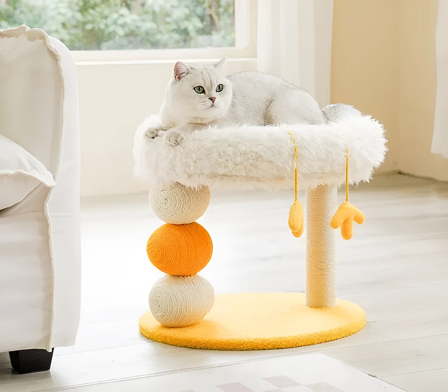 Yellow multifunctional cat climbing frame with jute rope scratching post, non-drop crumbs design, 40x49x43cm