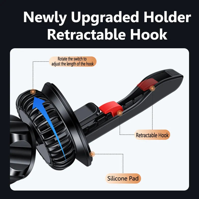 Magnetic air vent phone holder with black bracket mounted on car dashboard