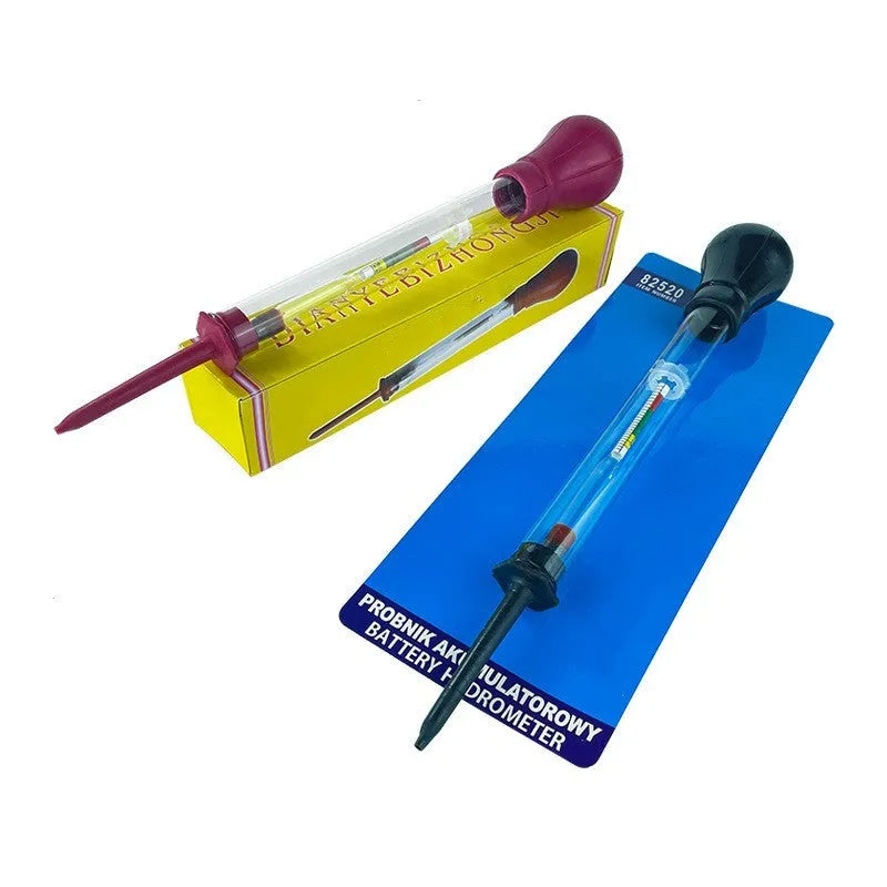 Red and black electrohydraulic automotive battery hydrometer with glass construction measuring 330 mm