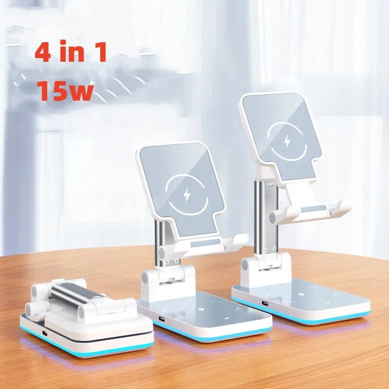 Black wireless charging phone desk stand holding a mobile phone at an angle.