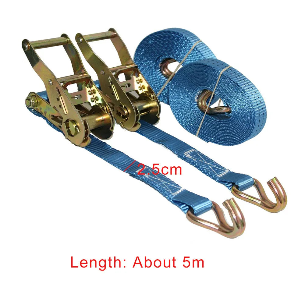 Steel ratchet tensioner with double hook on a grey polyester binding strap laid flat