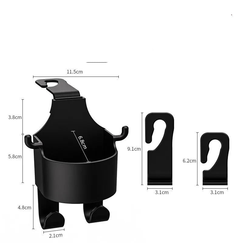 Black plastic car seat back hook organiser with cup holder and hanging hooks