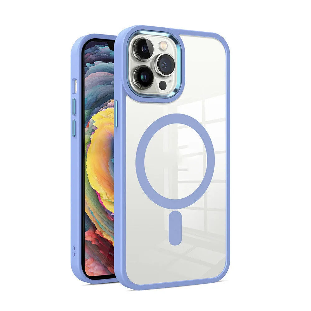Transparent magnetic silicone phone case for iPhone on a table, showing solid colour edges.