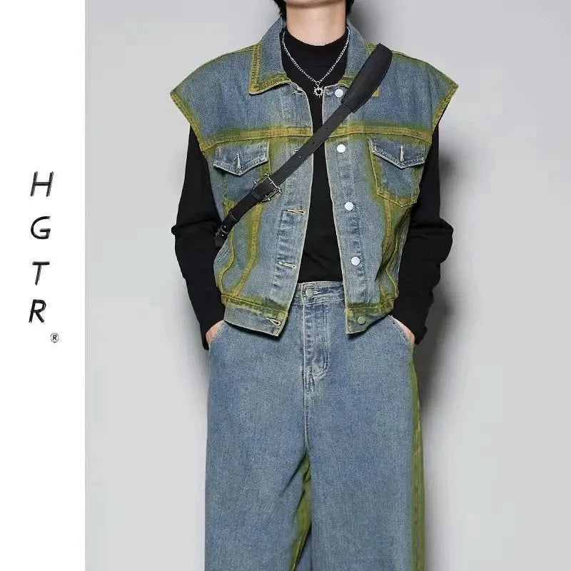 Distressed denim vest and jeans set with spray colour gradient effects and fleece lining