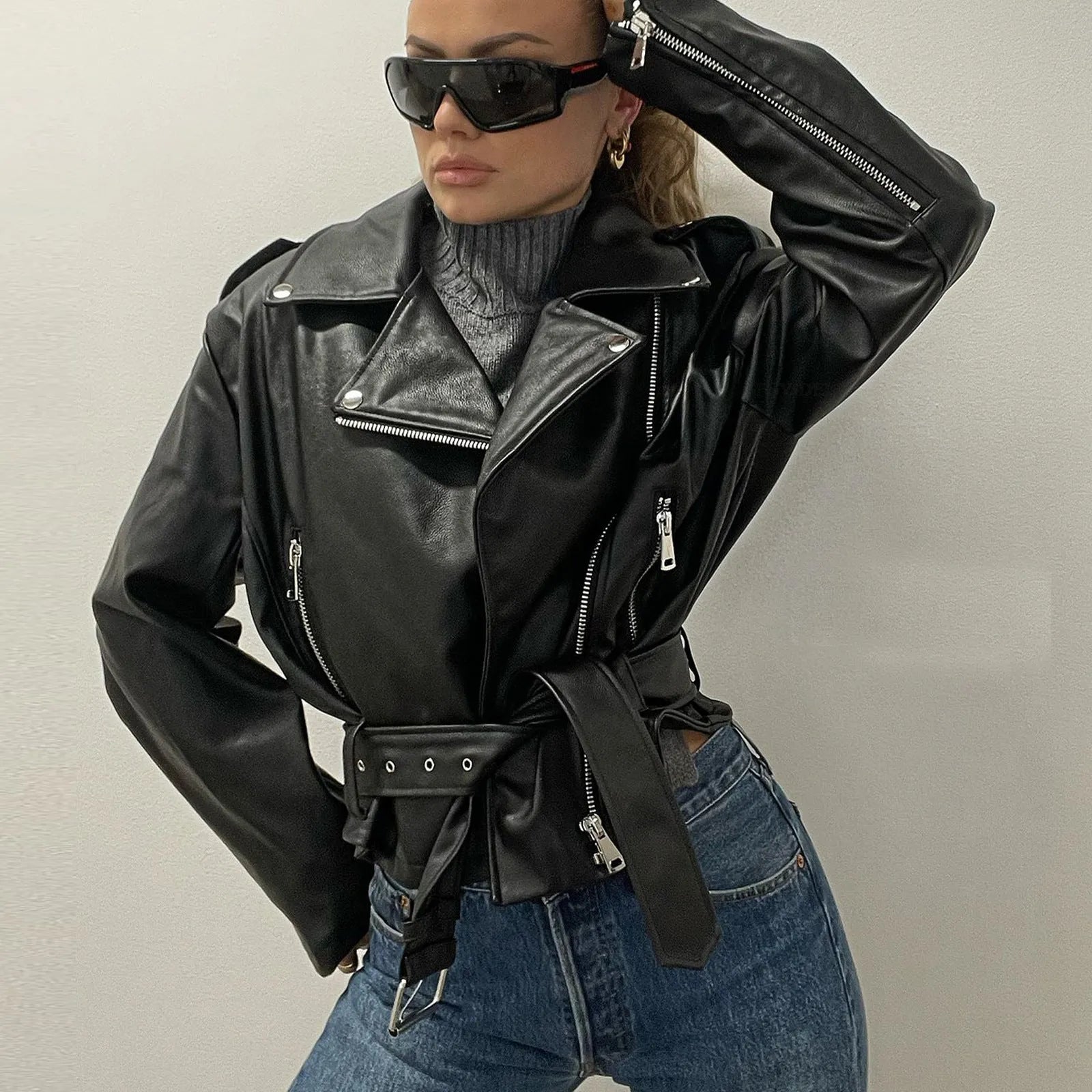Black punk jacket with locomotive-style lapel and Peter Pan collar