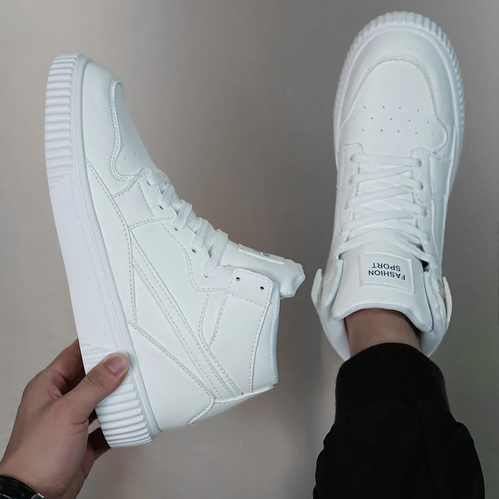 Men's white casual shoes with round toe and microfiber upper for autumn and winter wear.