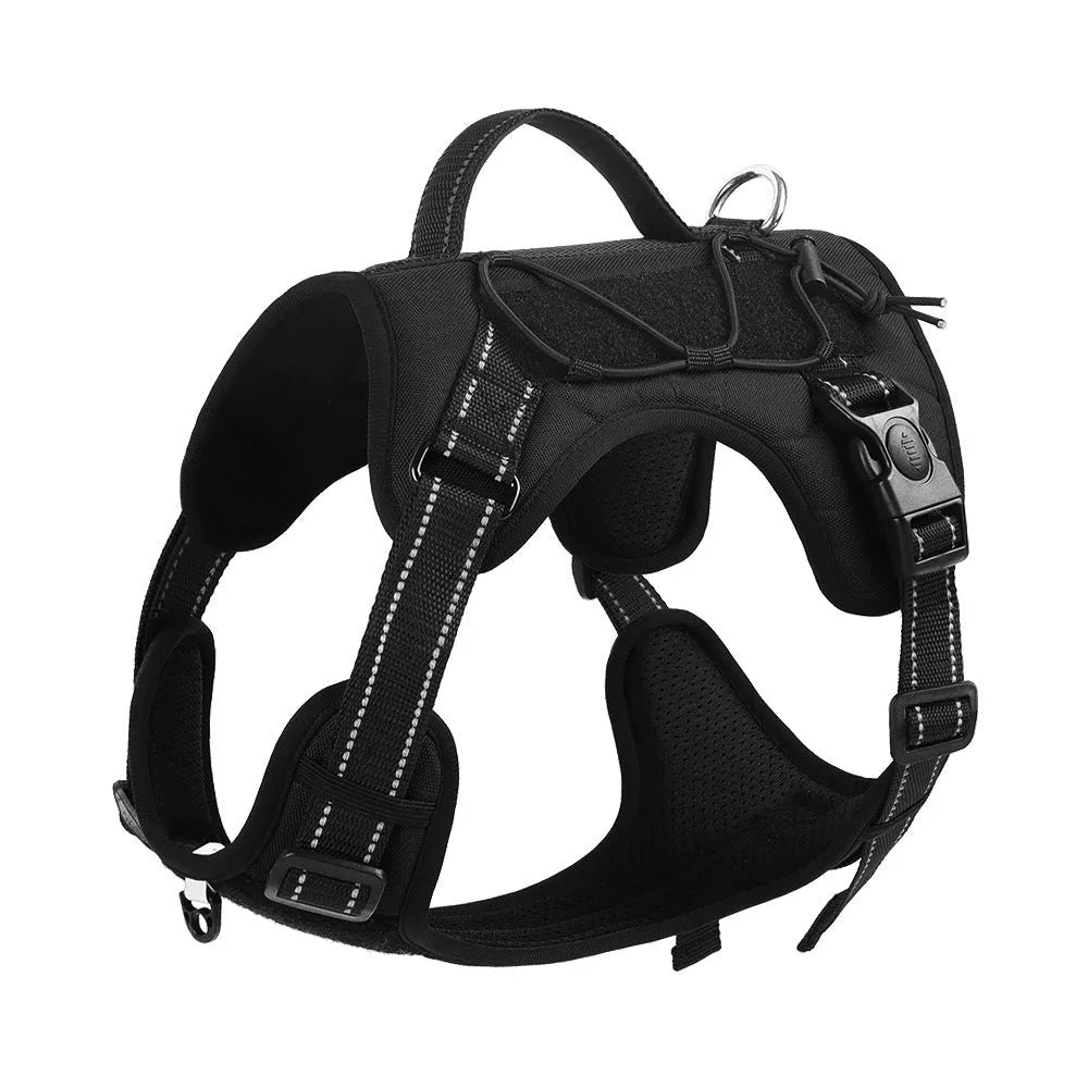 Orange adjustable dog harness with reflective trim and a black hand-holding rope lead attached