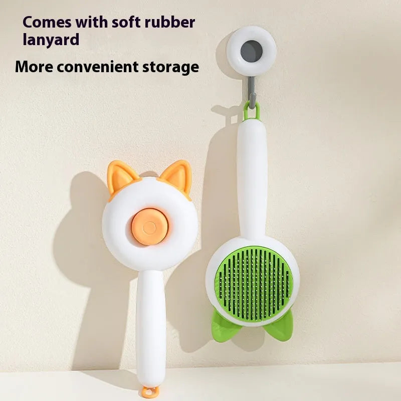 Self-cleaning pet hair removal massage comb with stainless steel teeth in greenish white colour
