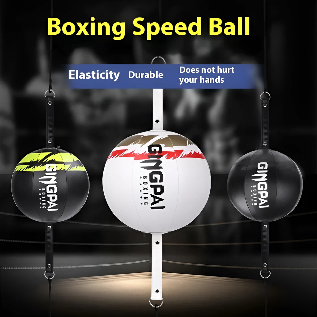 Black, green and black, and white PU hanging boxing speed ball for reaction training.