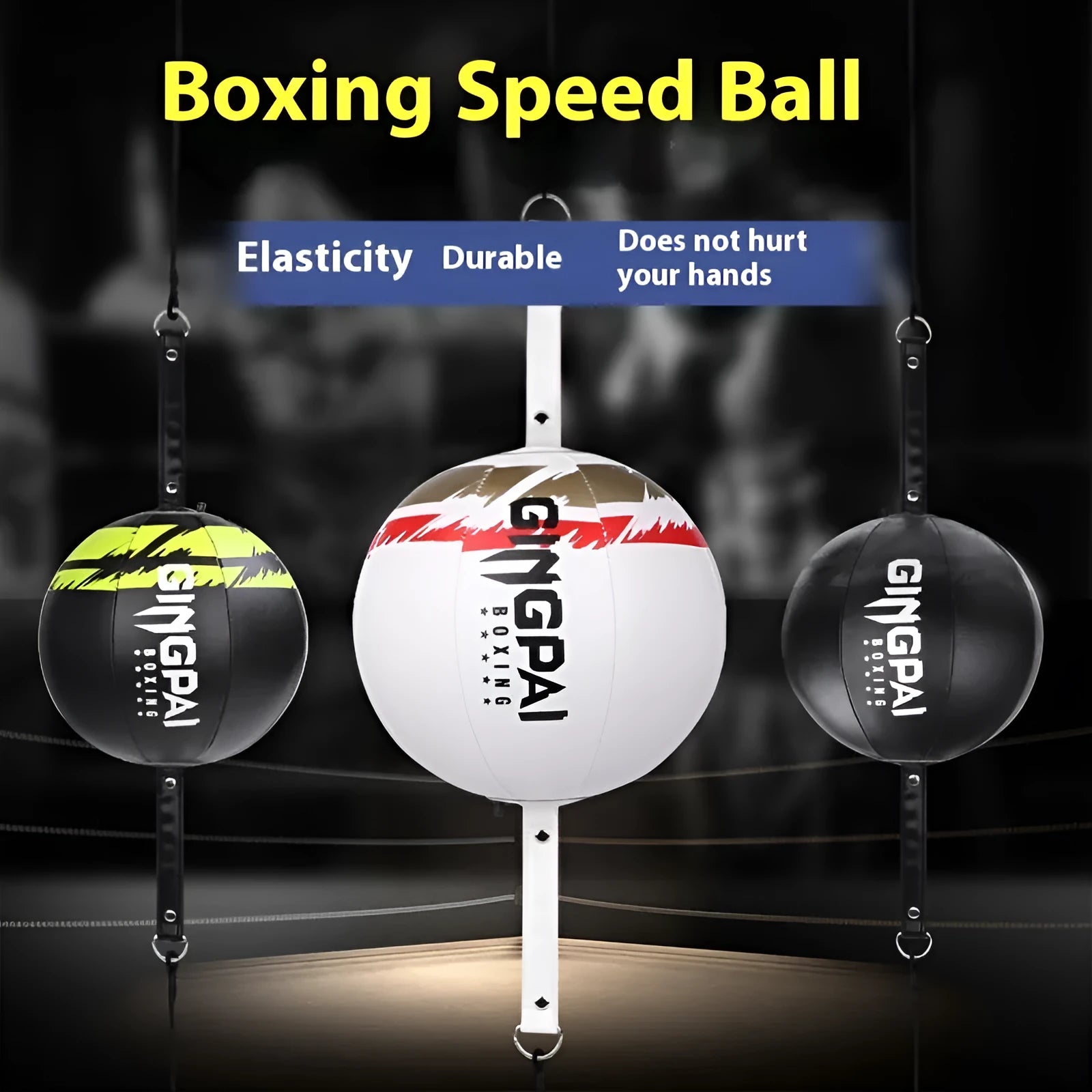 Black, green and black, and white PU hanging boxing speed ball for reaction training.