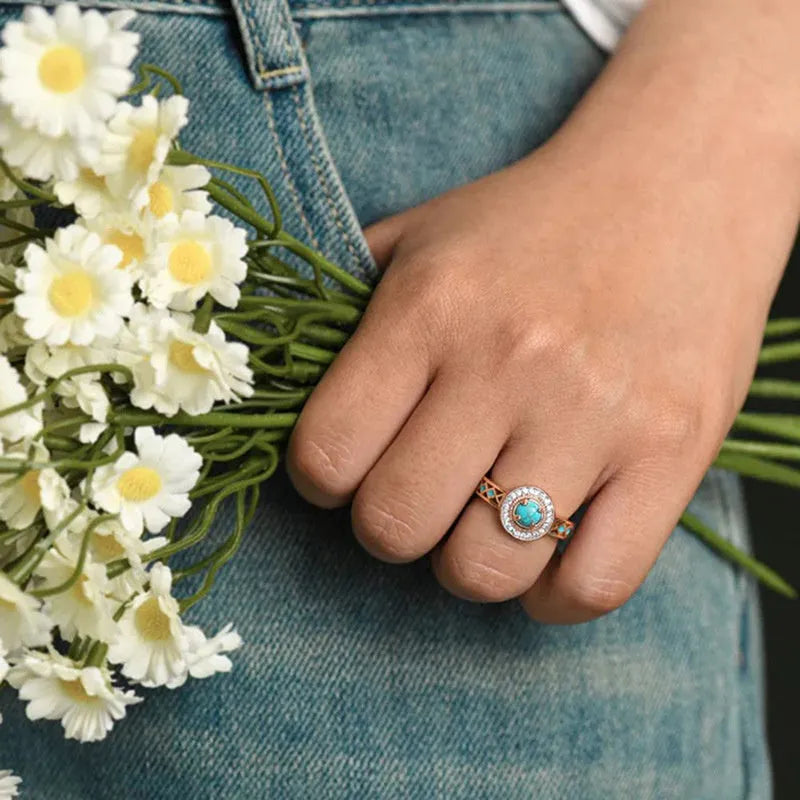 Women's turquoise ethnic geometric copper ring with rose gold finish and square design