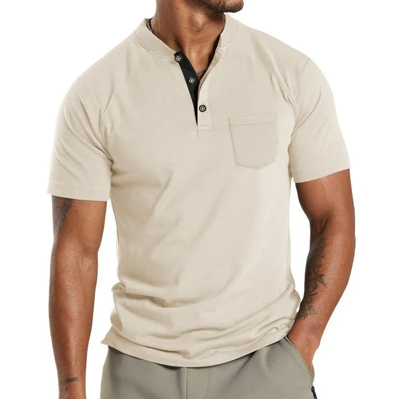 Men's plus size short sleeve button pocket shirt in solid colour polyester fabric.