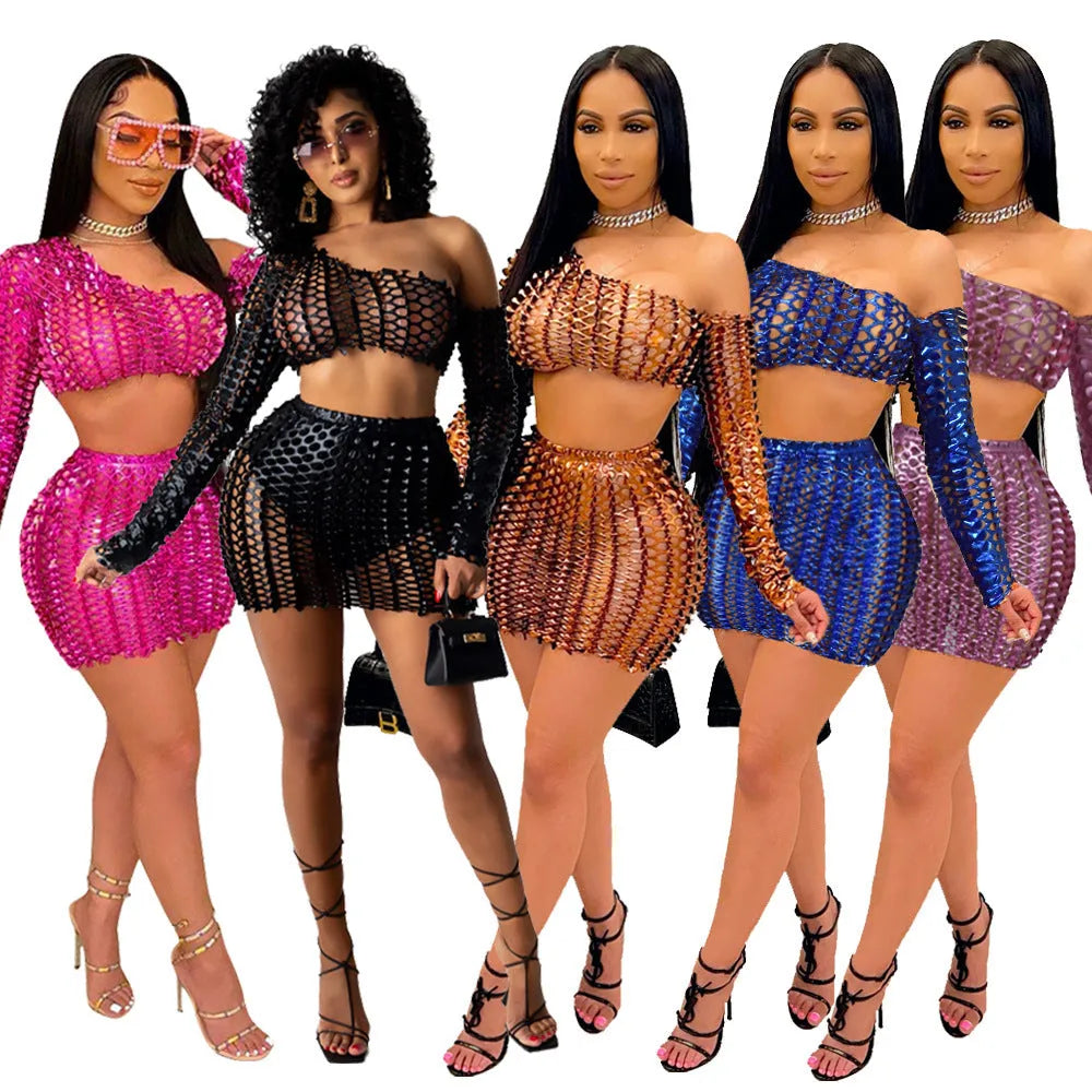 Women's black two-piece dress set with net hole hollow-out design on sleeveless top and short skirt