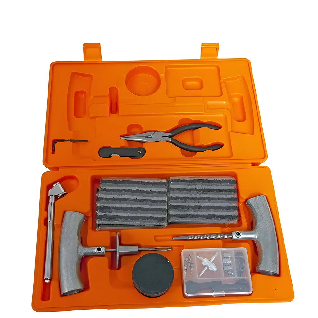 Speedy Seal emergency car tyre repair tool set with pressure gauge in open compact case