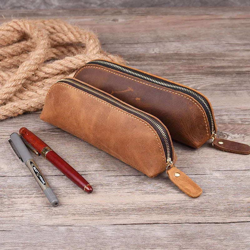 Square cowhide leather pencil case with zipper showing black colour option