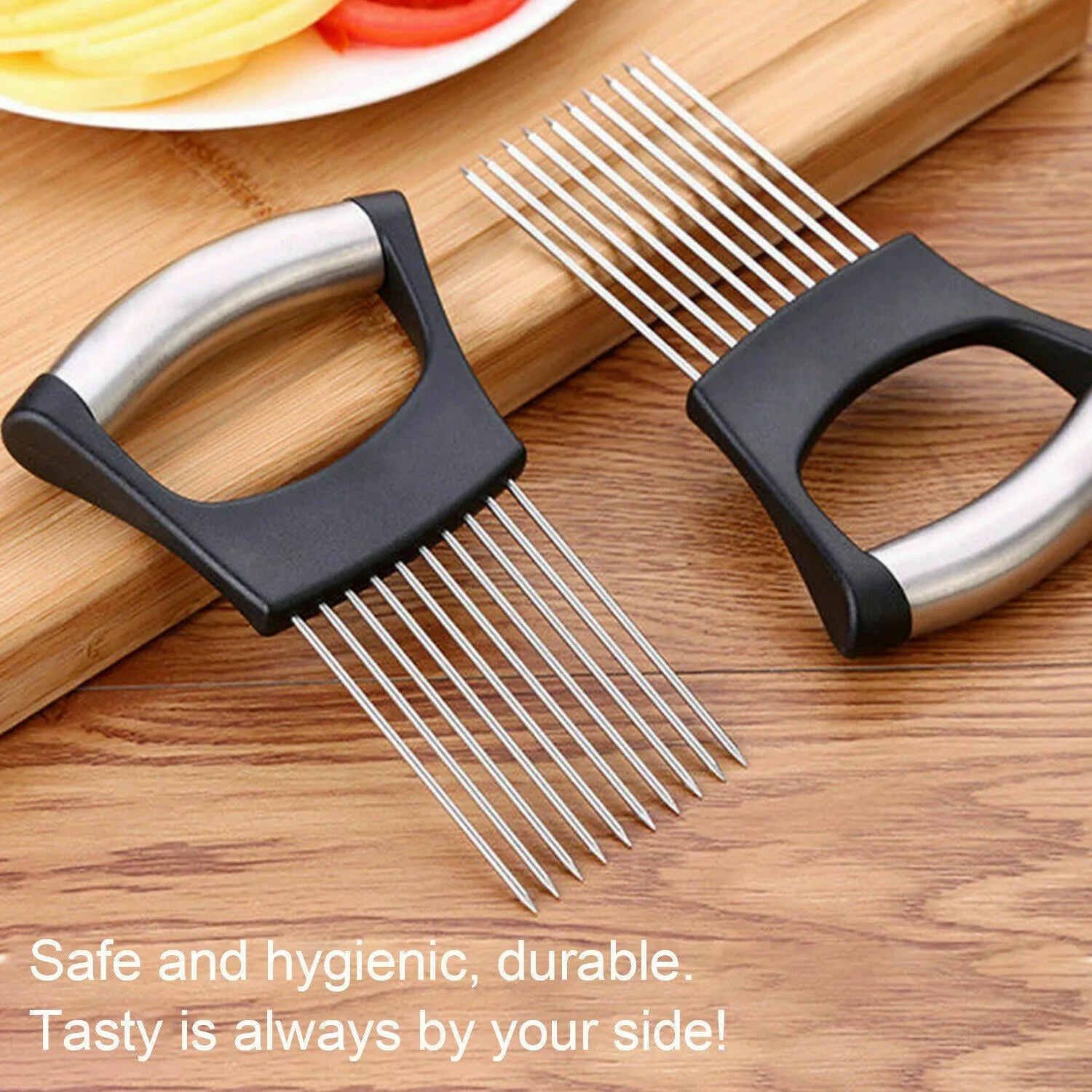 Stainless steel and ABS kitchen food slicer and onion holder on a work surface