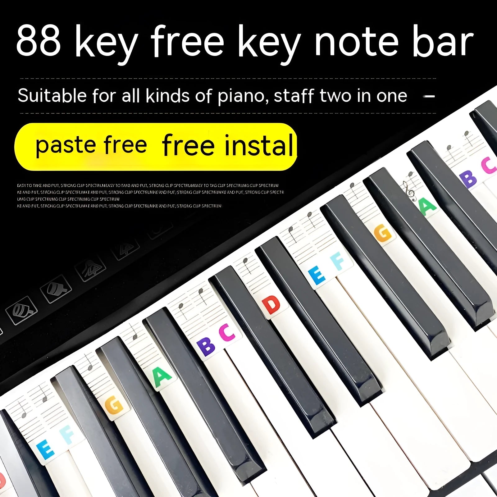 White cardboard piano keyboard stickers for 88 keys showing colour note bars and black notes