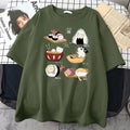 Men's black cotton t-shirt with a cute cartoon print of cats designed as sushi rolls.