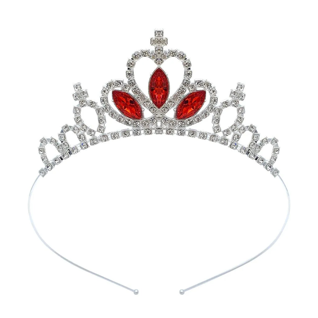 Girl's electroplated alloy princess crown headdress in gold and silver colour variations with gemstone-effect finishes.