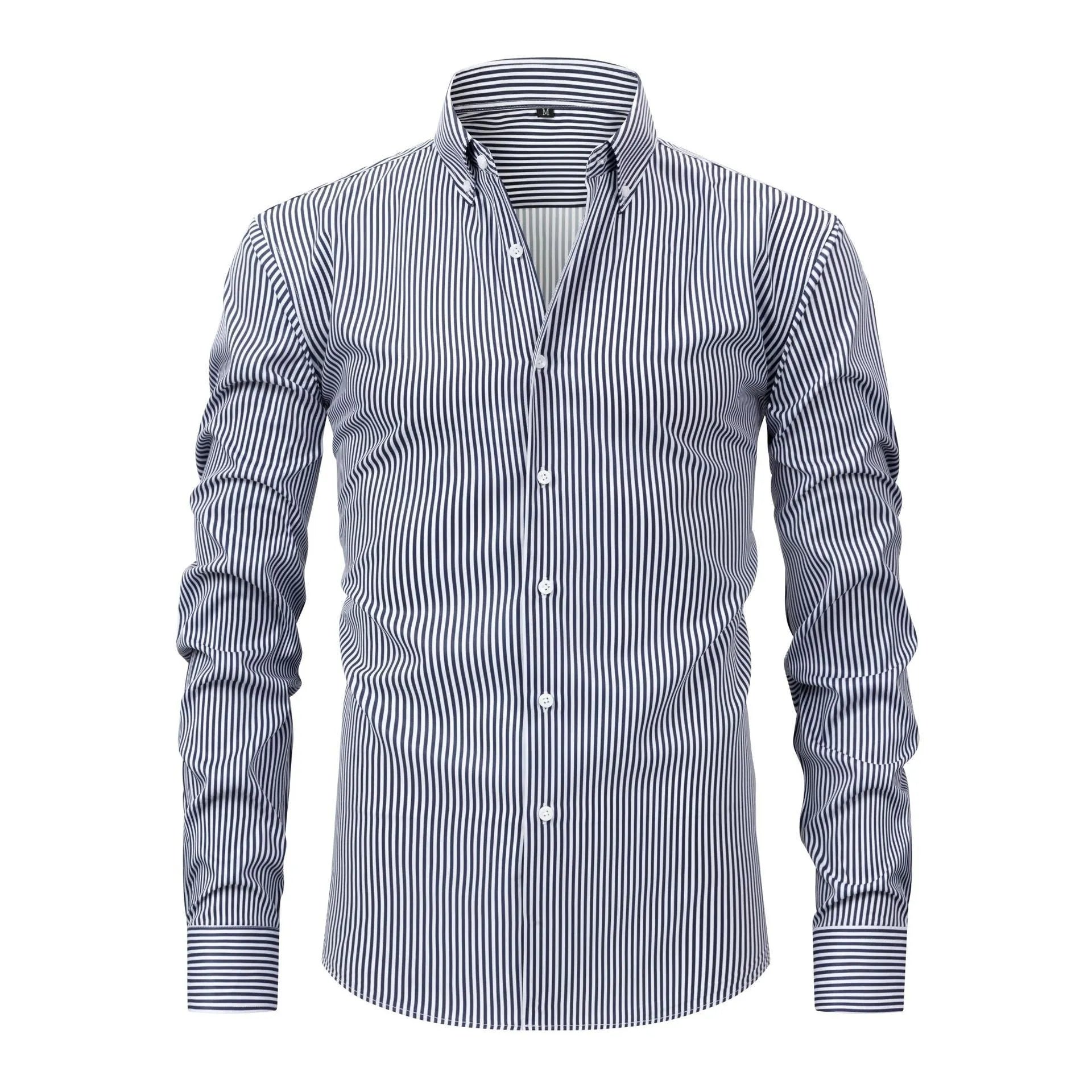 A man wearing a striped long-sleeved business casual shirt with a lapel collar.