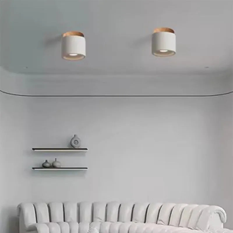 Cement Japanese-style ceiling lamp with log accents, White Sandstone finish, for corridor or restaurant