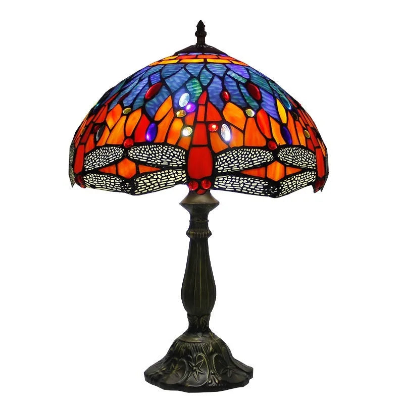 Stone table lamp with Tiffany-style dragonfly decoration in European design